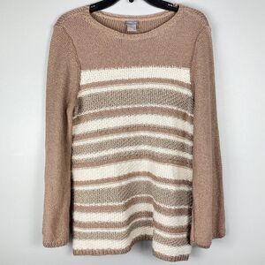 Chicos Tan Pullover Knit Sweater Sparkle Stripe Fall Winter Classic